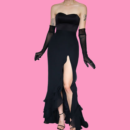 Black Frilly Hem Leg Slit Maxi Skirt UK 10