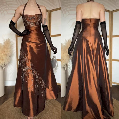 Warm brown halterneck a line beaded prom dress uk 8-10