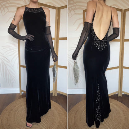 Dave & Johnny black low back velvet evening dress UK 14