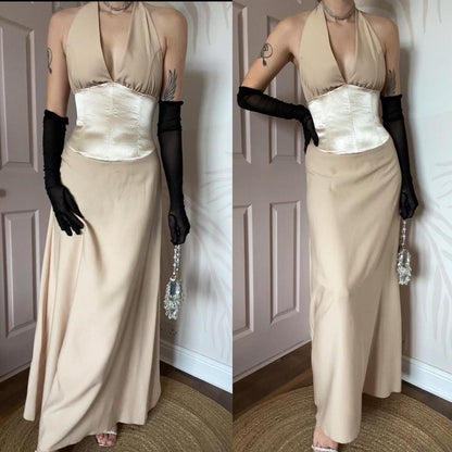 Designer Dawn Stretton 90s cream halter neck dress UK 10