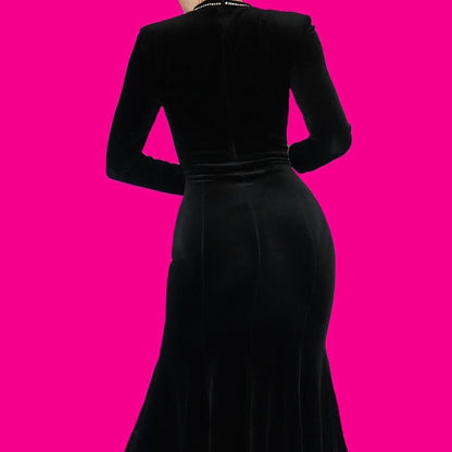 Black velvet long sleeve midi dress UK 10