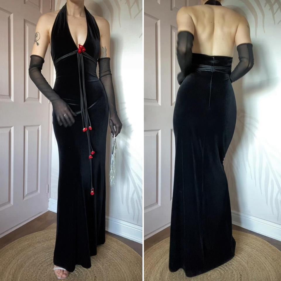 Betsy & Adam black velvet halter-neck evening dress UK 12