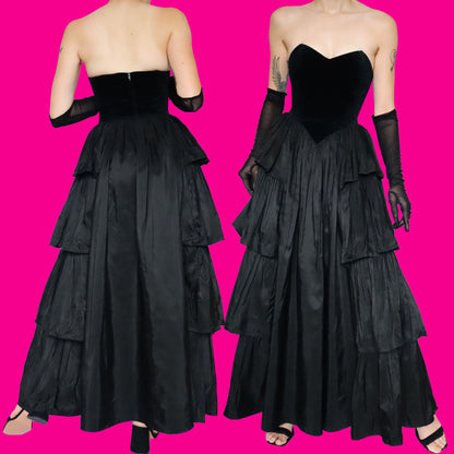 Black strapless velvet evening dress UK 10