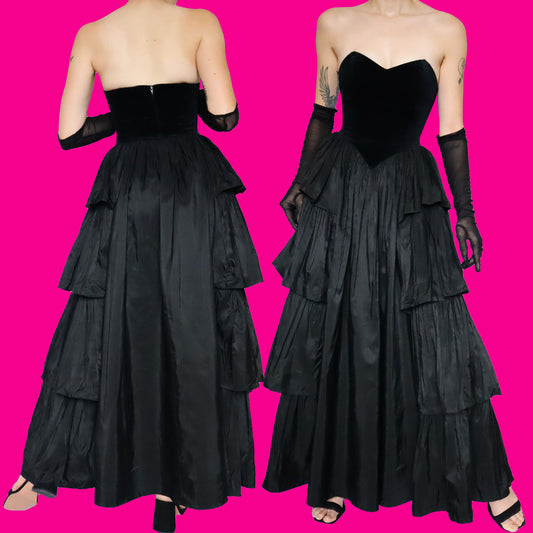 Black strapless velvet evening dress UK 10