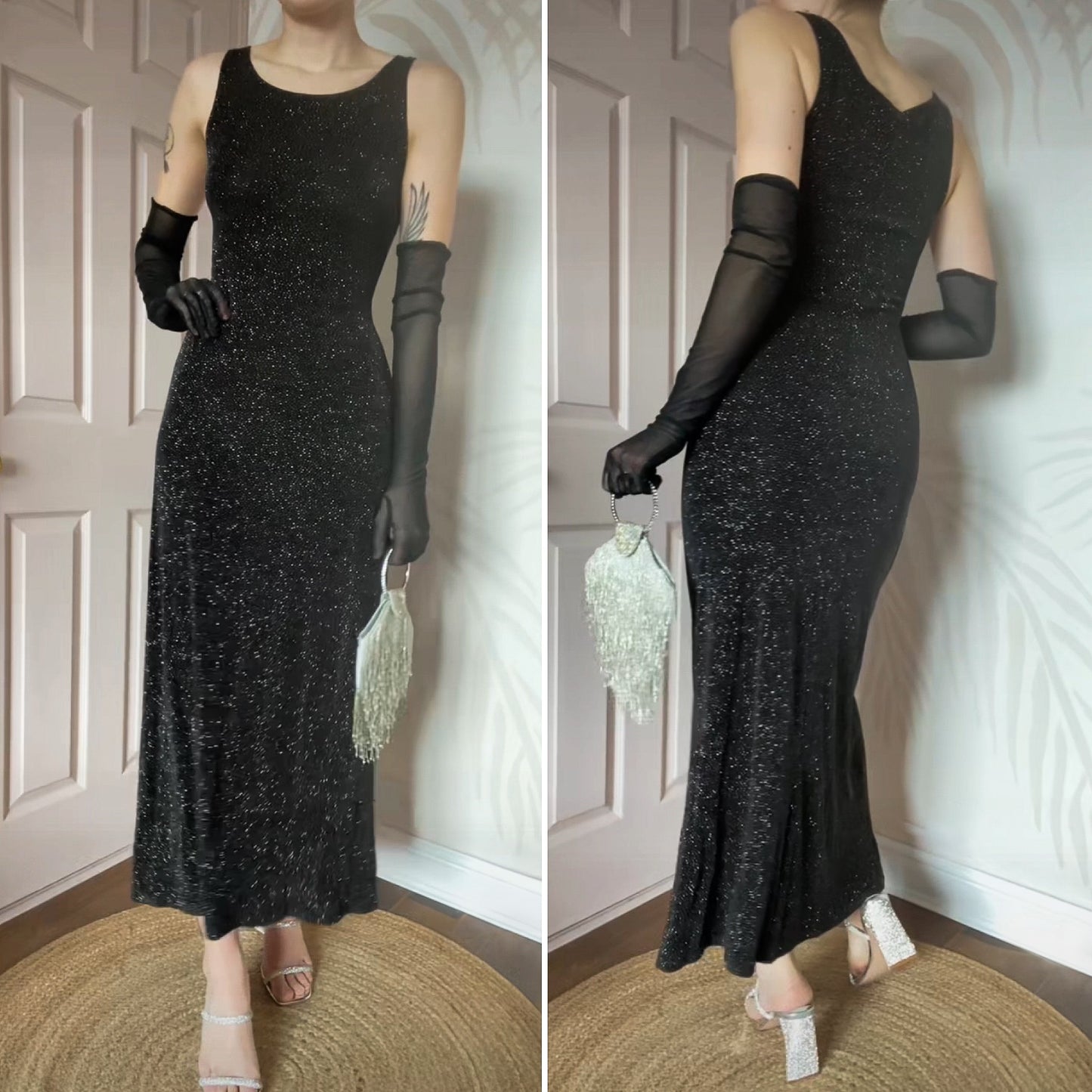 Black glittery stretch 90s evening dress UK 12