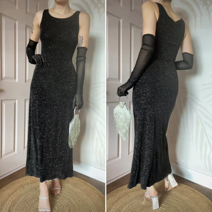 Black glittery stretch 90s evening dress UK 12