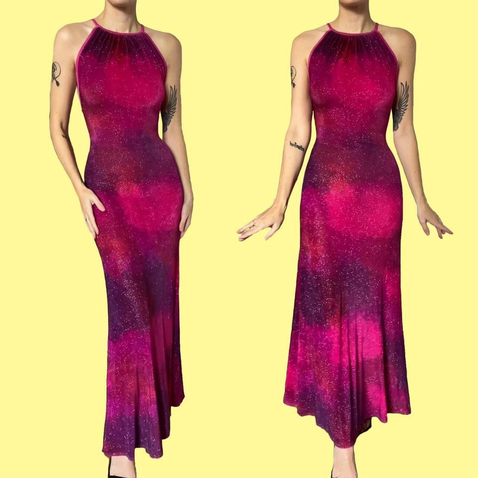 Bernshaw vintage pink & purple bodycon evening dress UK 10