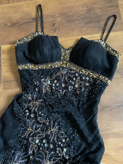 100% silk beaded lace black dress UK 10-12