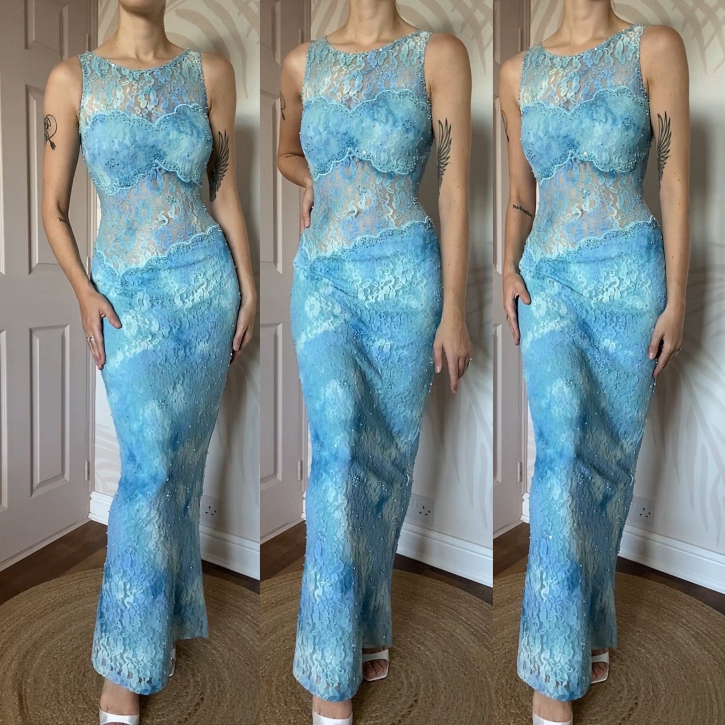 Bernshaw blue lace sheer stretch evening dress UK 10-12