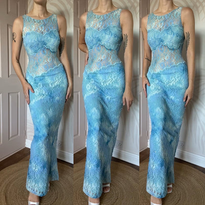 Bernshaw blue lace sheer stretch evening dress UK 10-12