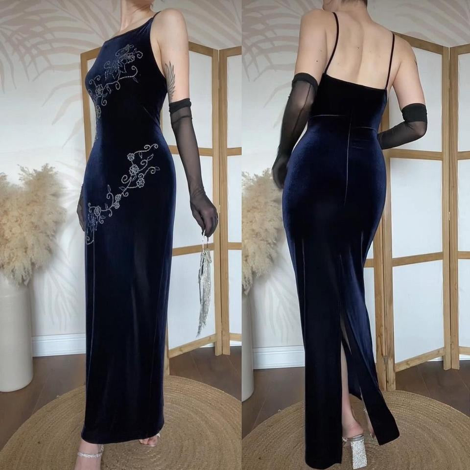Navy velvet 90s beaded bodycon dress uk 14