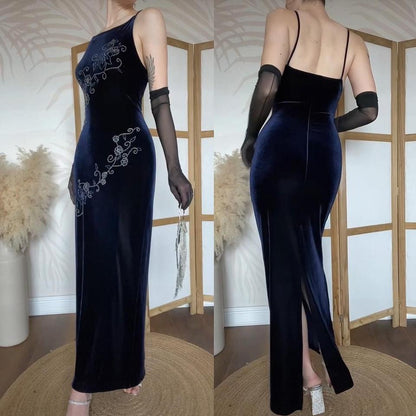 Navy velvet 90s beaded bodycon dress uk 14