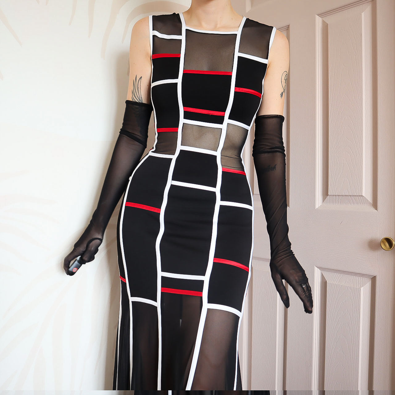 Tadashi black/white & red sheer panel dress UK 12