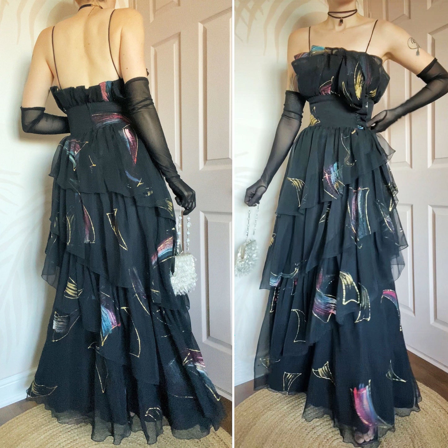 John Charles vintage black layered evening gown UK 12