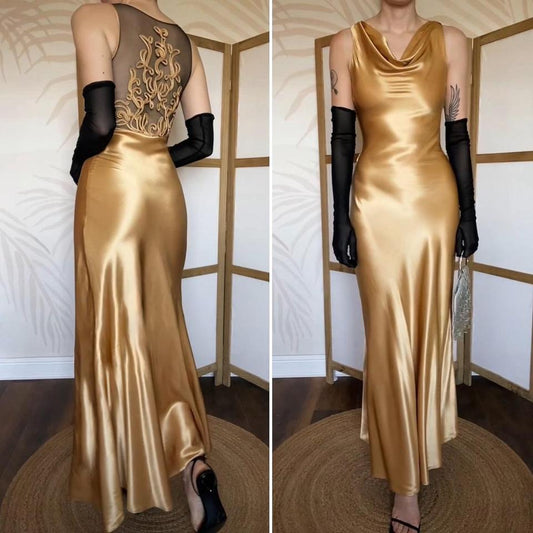 Gold YVE London satin evening dress uk 6/xs