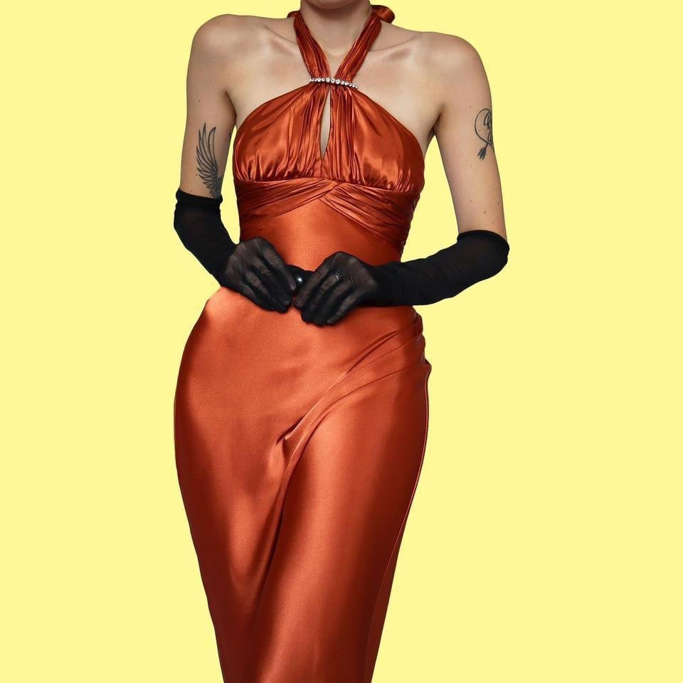 Orange satin halter neck evening dress UK 6/8