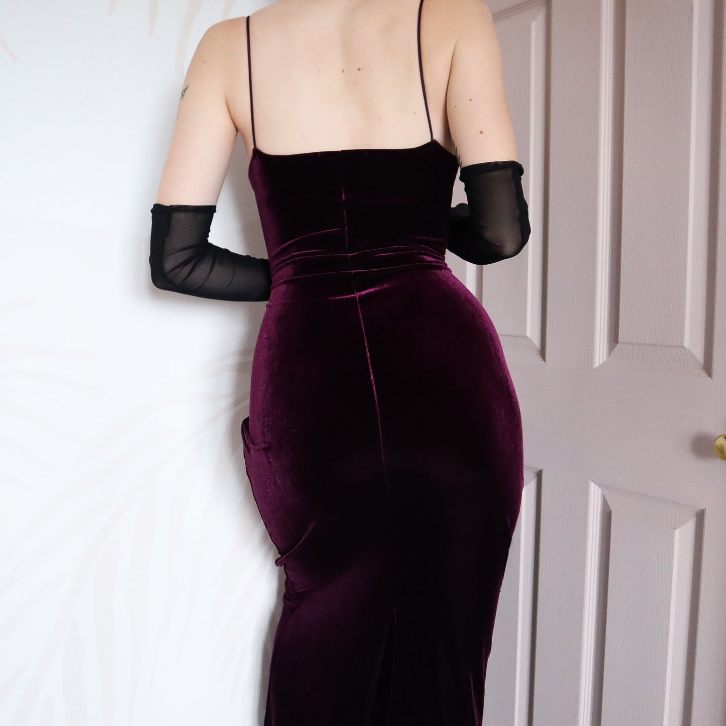 Dark purple velvet stretch beaded evening dress UK 12