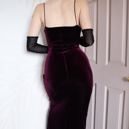 Dark purple velvet stretch beaded evening dress UK 12