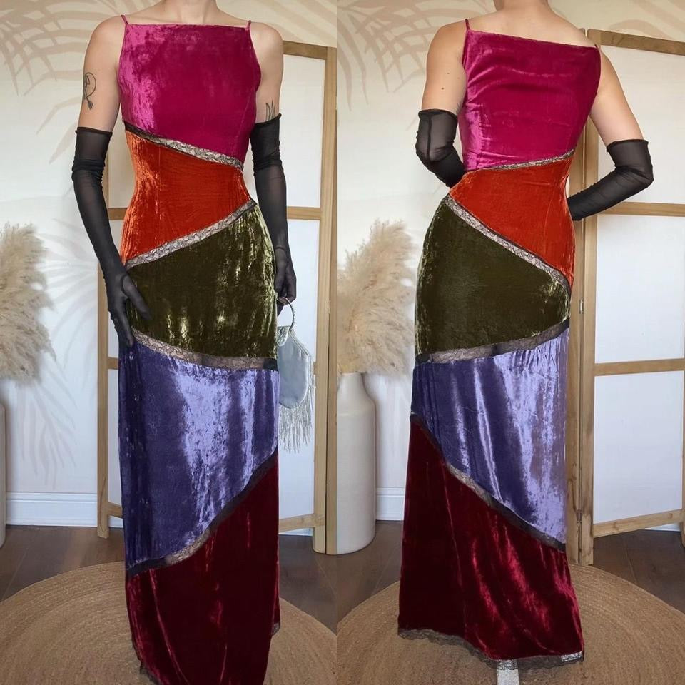 Velvet silk blend panelled evening dress uk 12