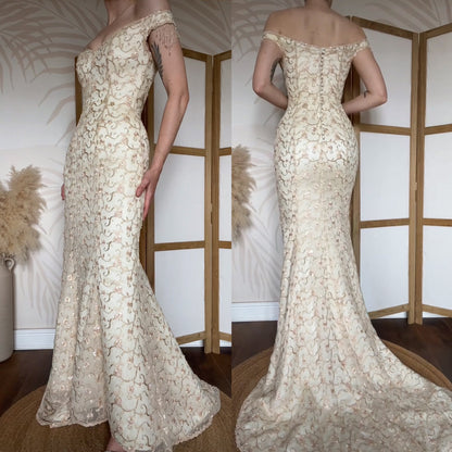 Justin Alexander cream off shoulder embroidered wedding dress uk 8