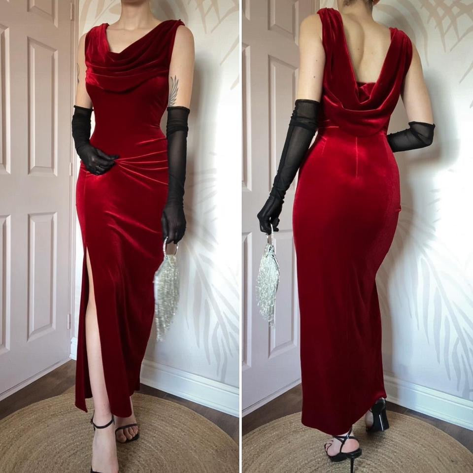 Red velvet stretch evening dress UK 14