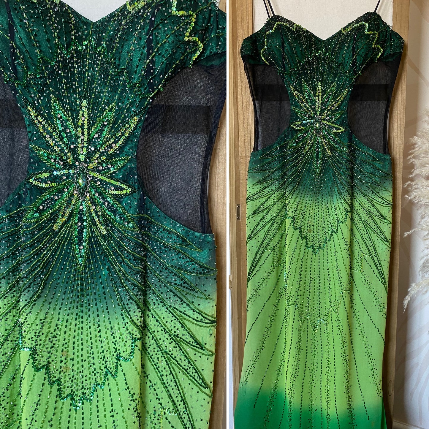 Green pure silk beaded prom dress uk 10
