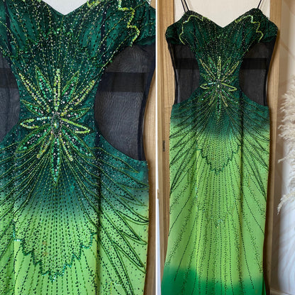 Green pure silk beaded prom dress uk 10