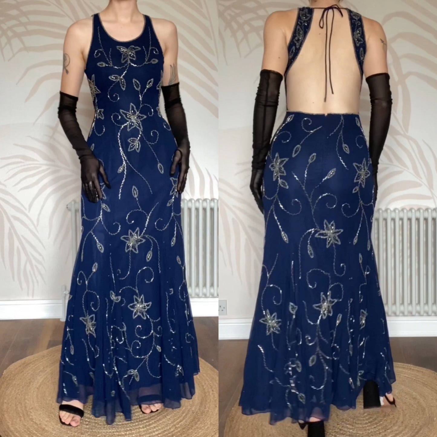 Navy Kaleidoscope beaded evening gown UK 16