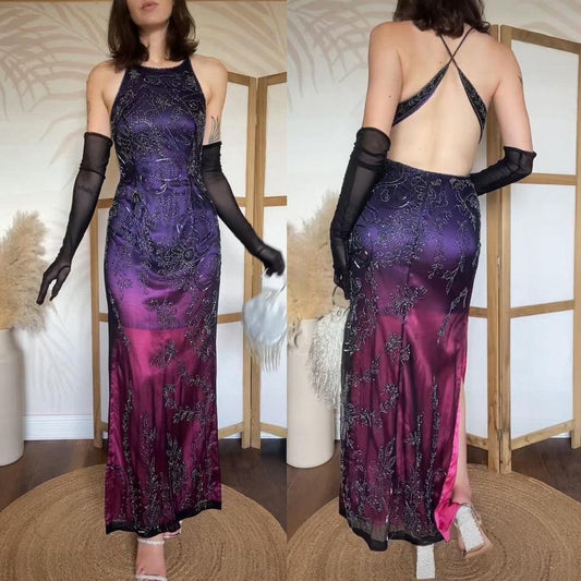 Pink & purple beaded open back prom dress uk 10