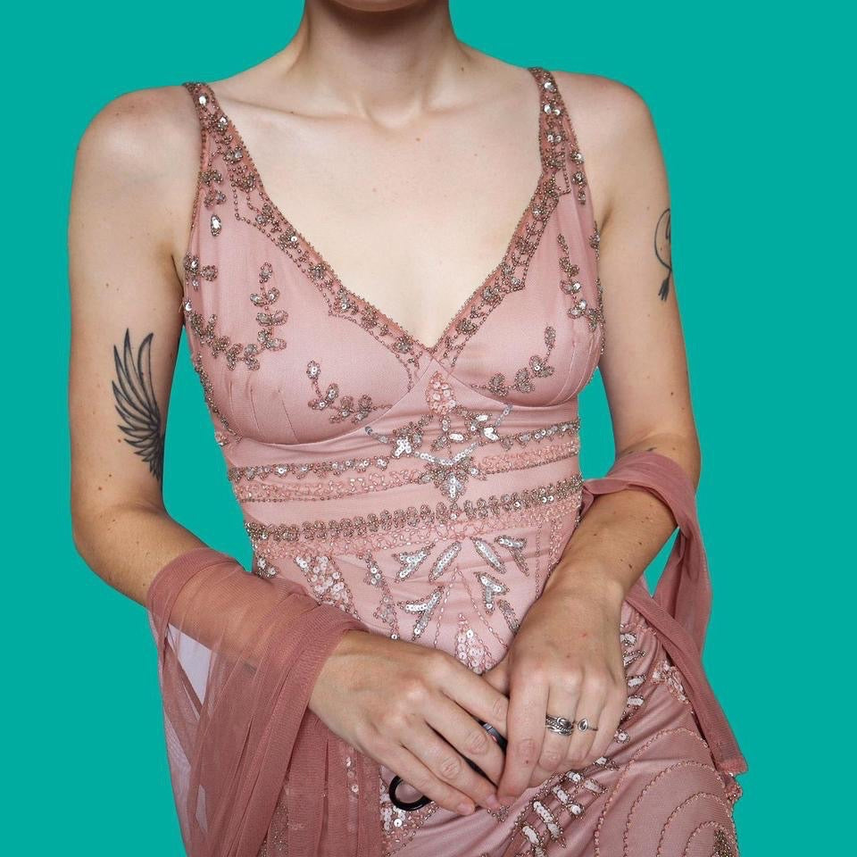 Dusky pink stretch midi dress & shawl UK 10