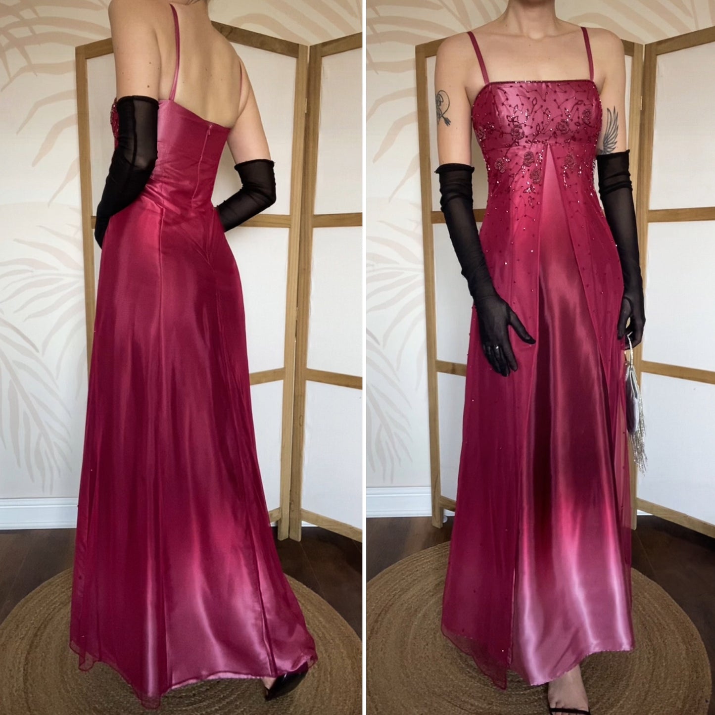 Pink & red ombré beaded 2000s prom dress UK 12