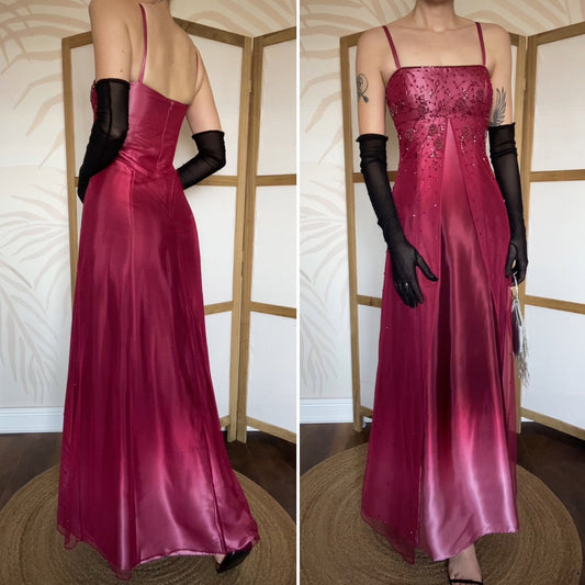Pink & red ombré beaded 2000s prom dress UK 12