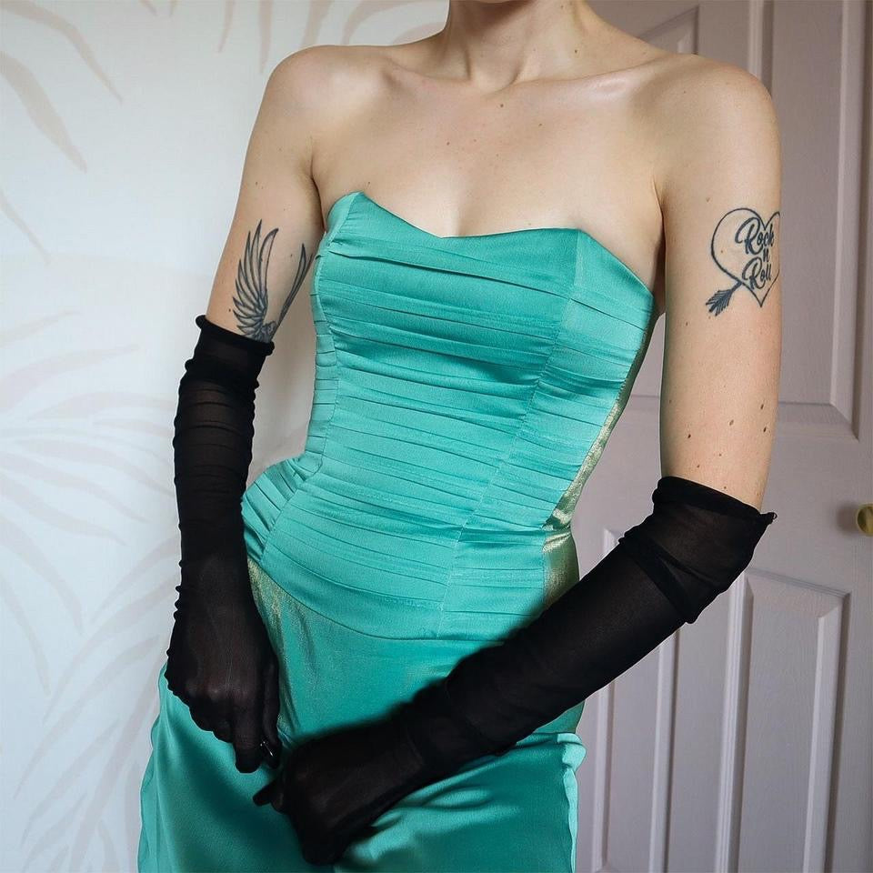 Teal strapless lace up evening gown UK 10