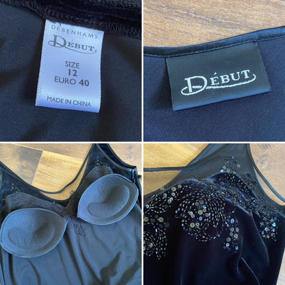 Debut black velvet stretch evening dress uk 14