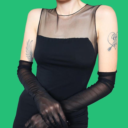 Black stretch sheer bust & waist evening dress UK 10