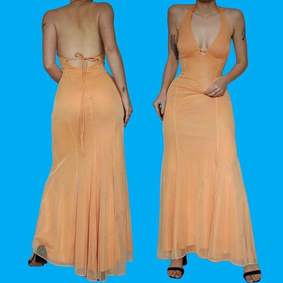 Light orange stretch glittery halter neck dress UK 14