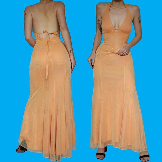 Light orange stretch glittery halter neck dress UK 14
