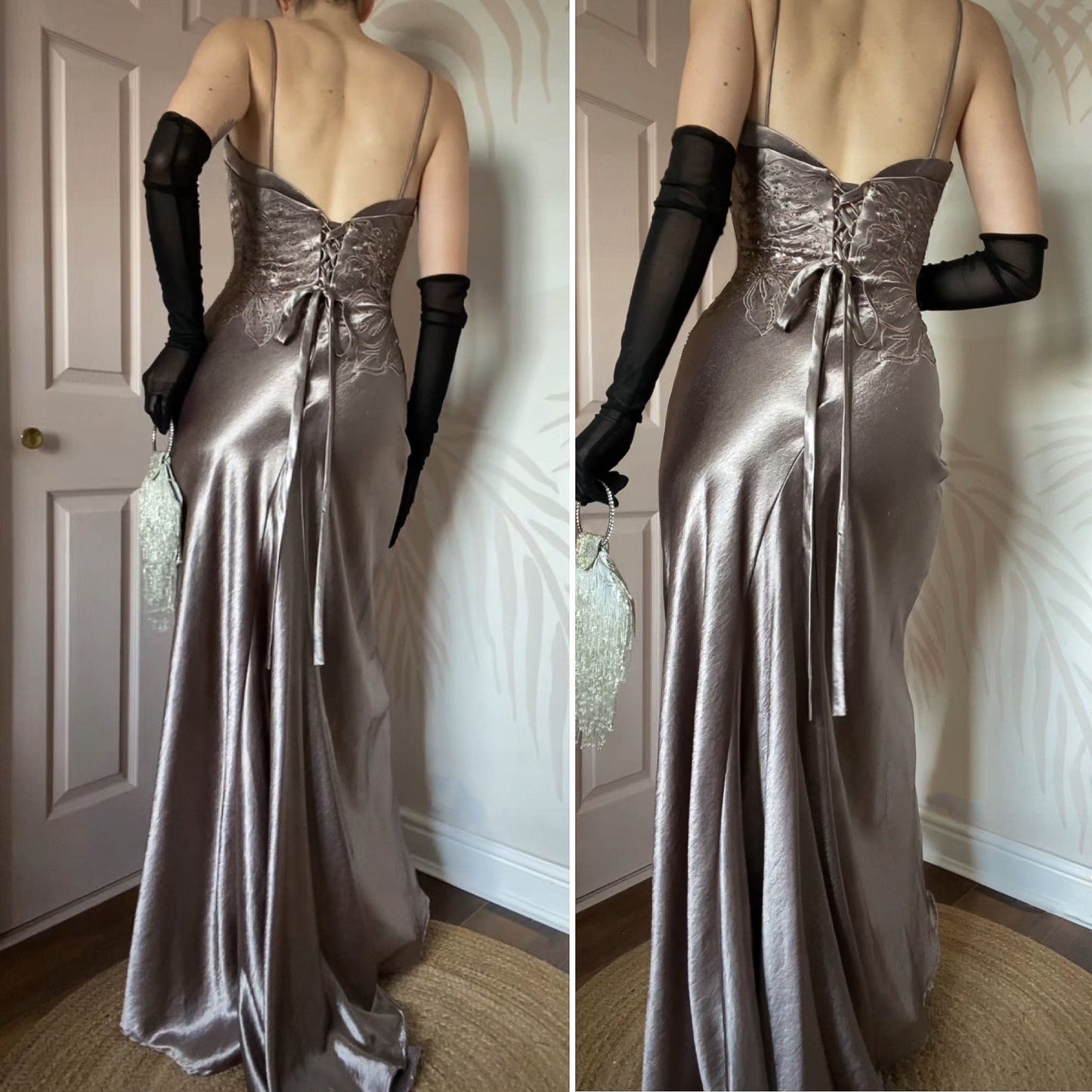 Shimmery Niki Livas silver evening gown UK 10