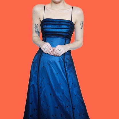 Blue a-line glittery star print evening dress UK 12