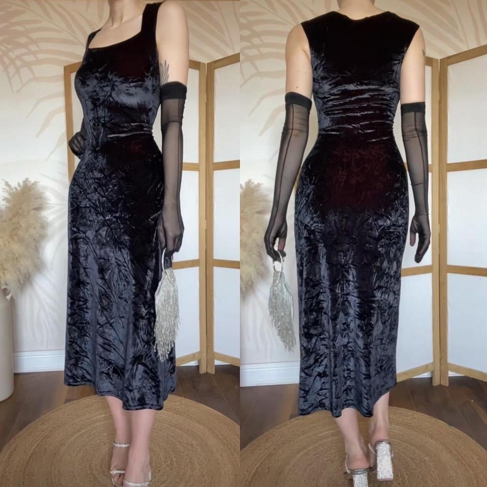 Black velvet stretch 90s crinkle texture slip dress uk 8-10