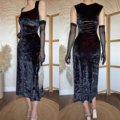 Black velvet stretch 90s crinkle texture slip dress uk 8-10