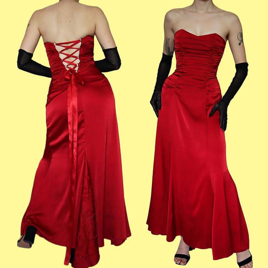 Red strapless lace up back evening gown UK 10