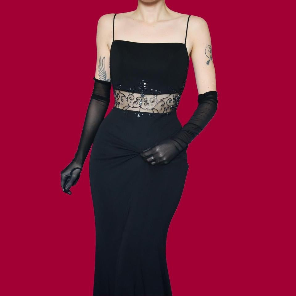 Black beaded sheer cut out evening dress UK 8-10