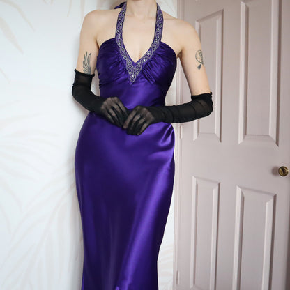 Purple satin halter neck evening gown UK 10