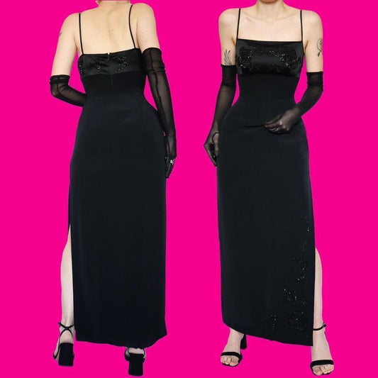 Black beaded fitted evening dress UK 12-14