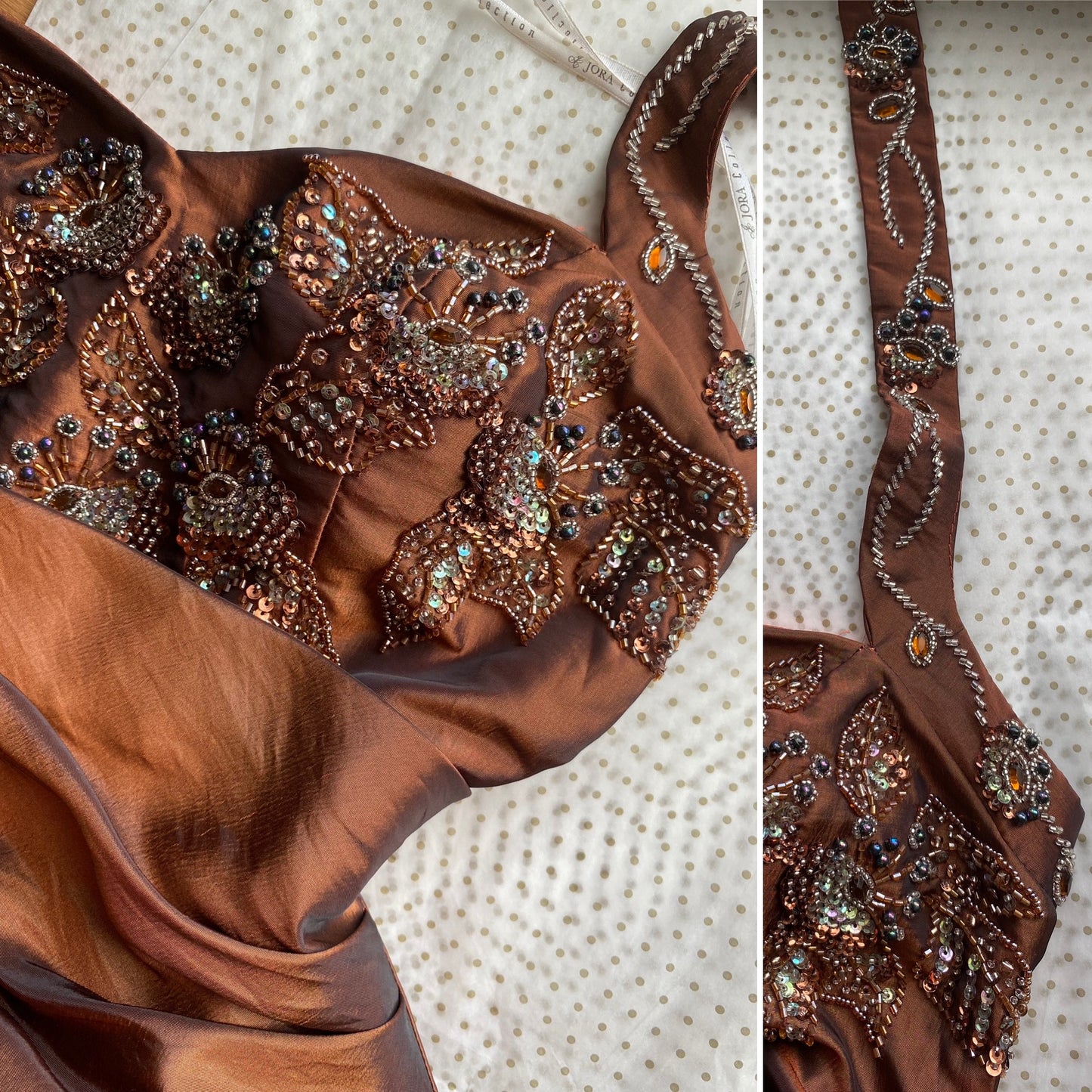 Warm brown halterneck a line beaded prom dress uk 8-10