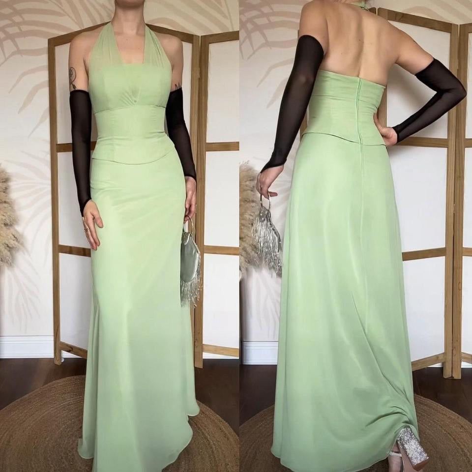 Green halter-neck chiffon evening dress uk 8