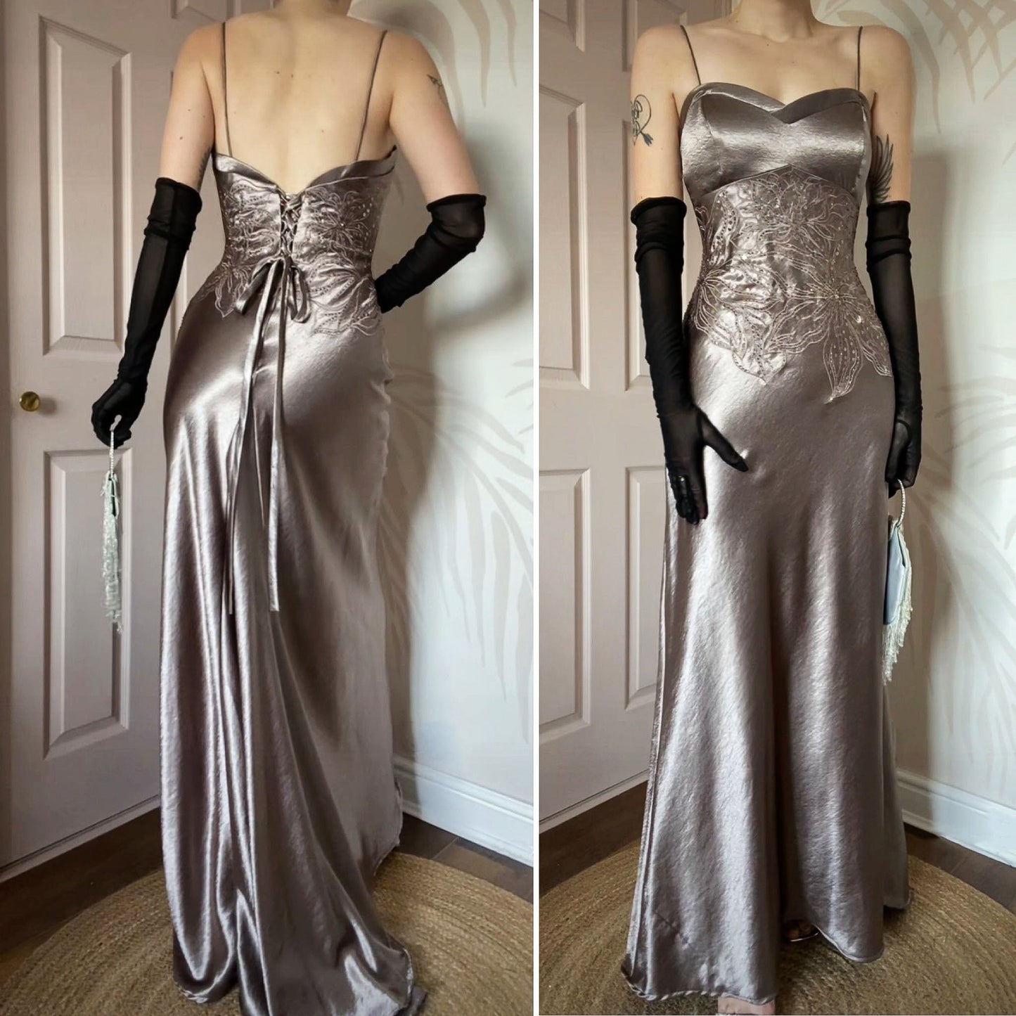 Shimmery Niki Livas silver evening gown UK 10