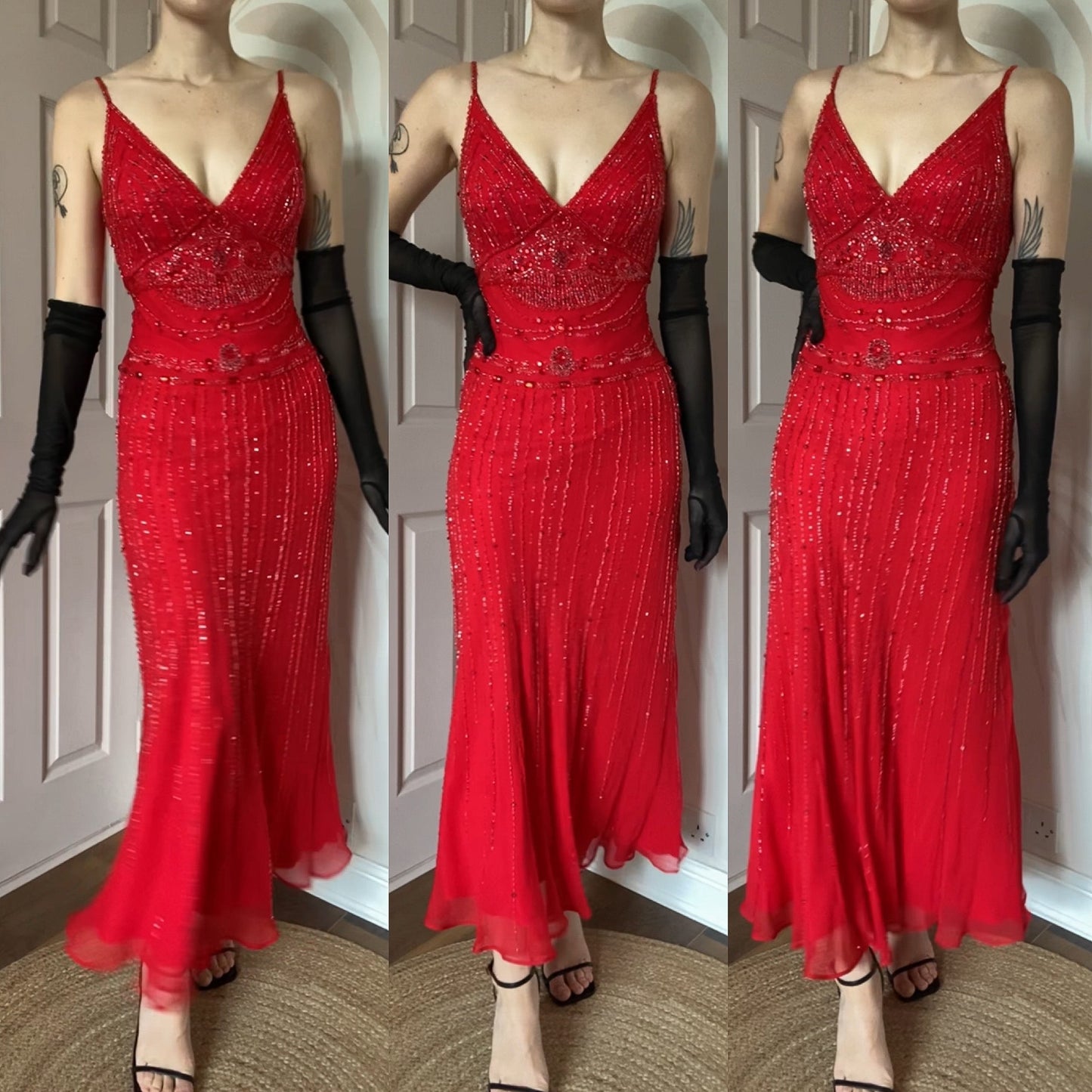 Red Gina Bacconi 100% silk beaded evening dress UK 10-12