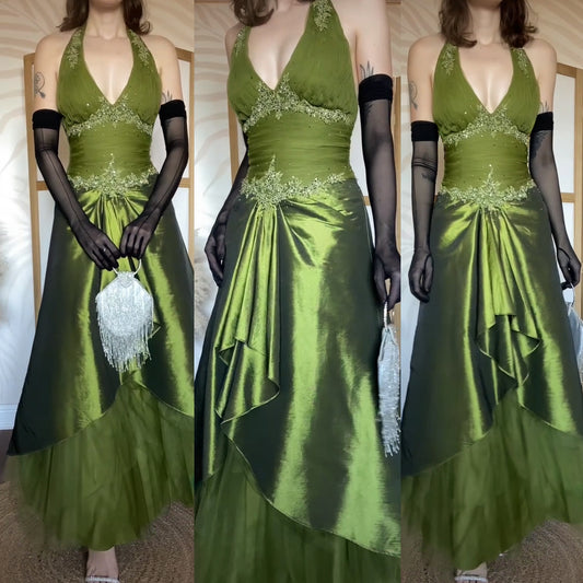 Green halter-neck a-line fairycore prom dress uk 10
